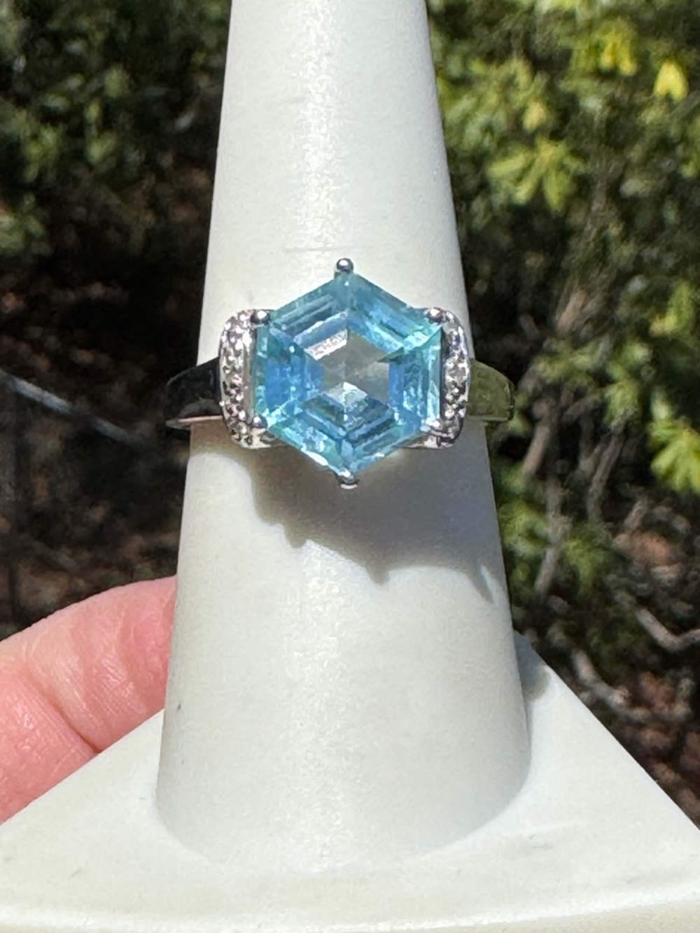 925 Asscher Cut Blue Topaz  & Diamond Ring